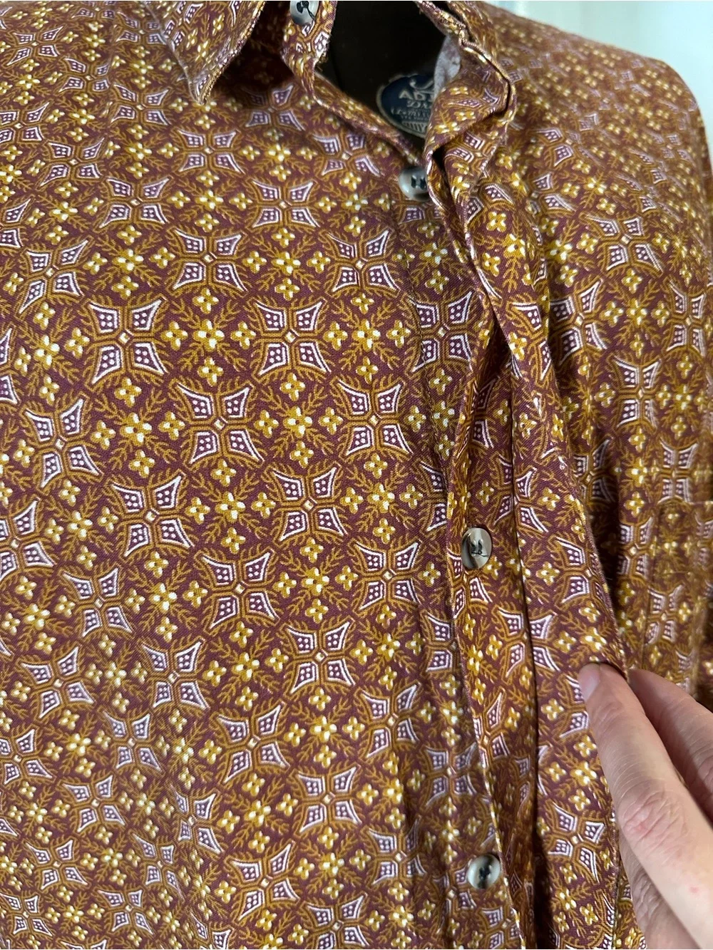 Men's Casual Button-Down Shirt in Rust Floral Print Batik Vintage